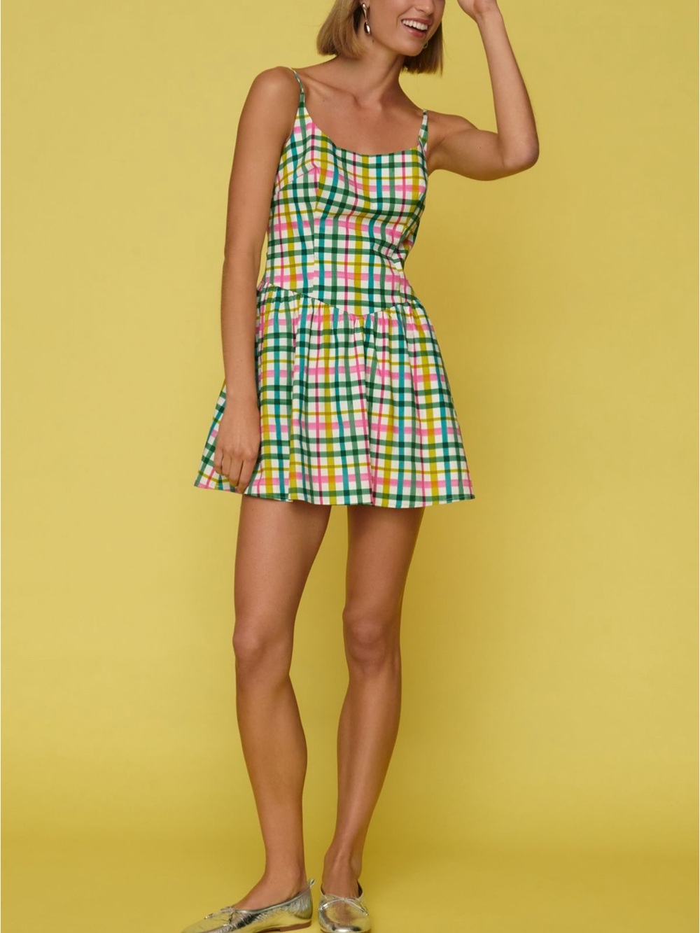 Corey Lynn Calter Green Multi-Check Spaghetti Strap Mini Dress NWT MED